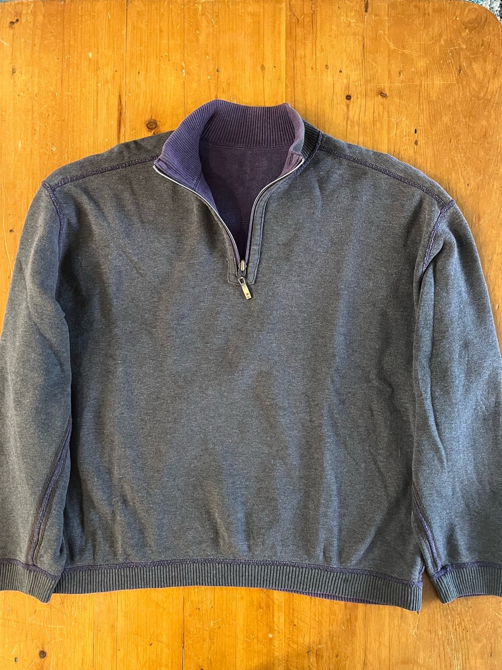 Tommy Bahama Reversible 1/4 Zip Gray Purple Cotton Mock Neck Sweater XL Y2K
